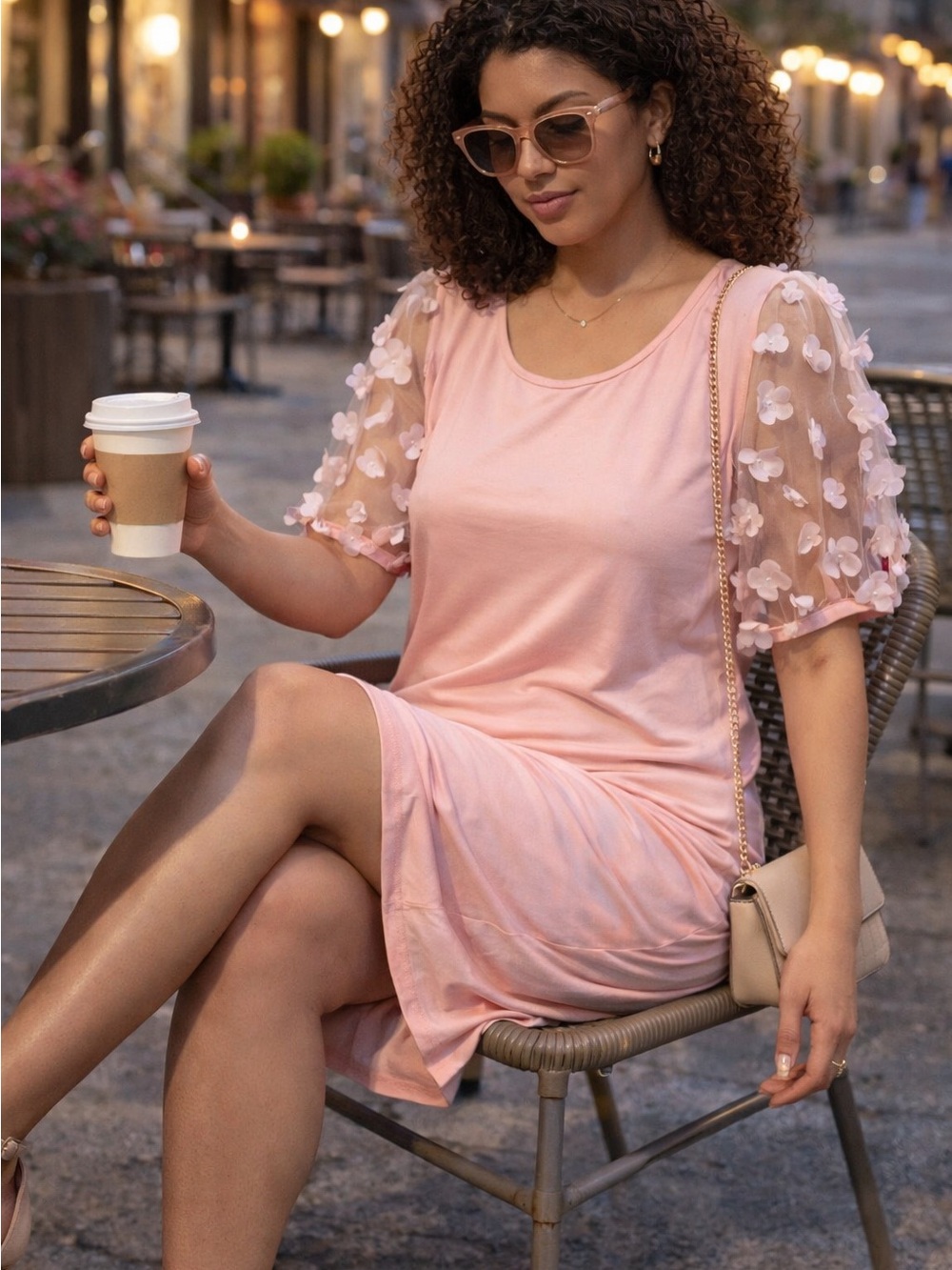 Pink Dress with Sheer Floral Sleeves